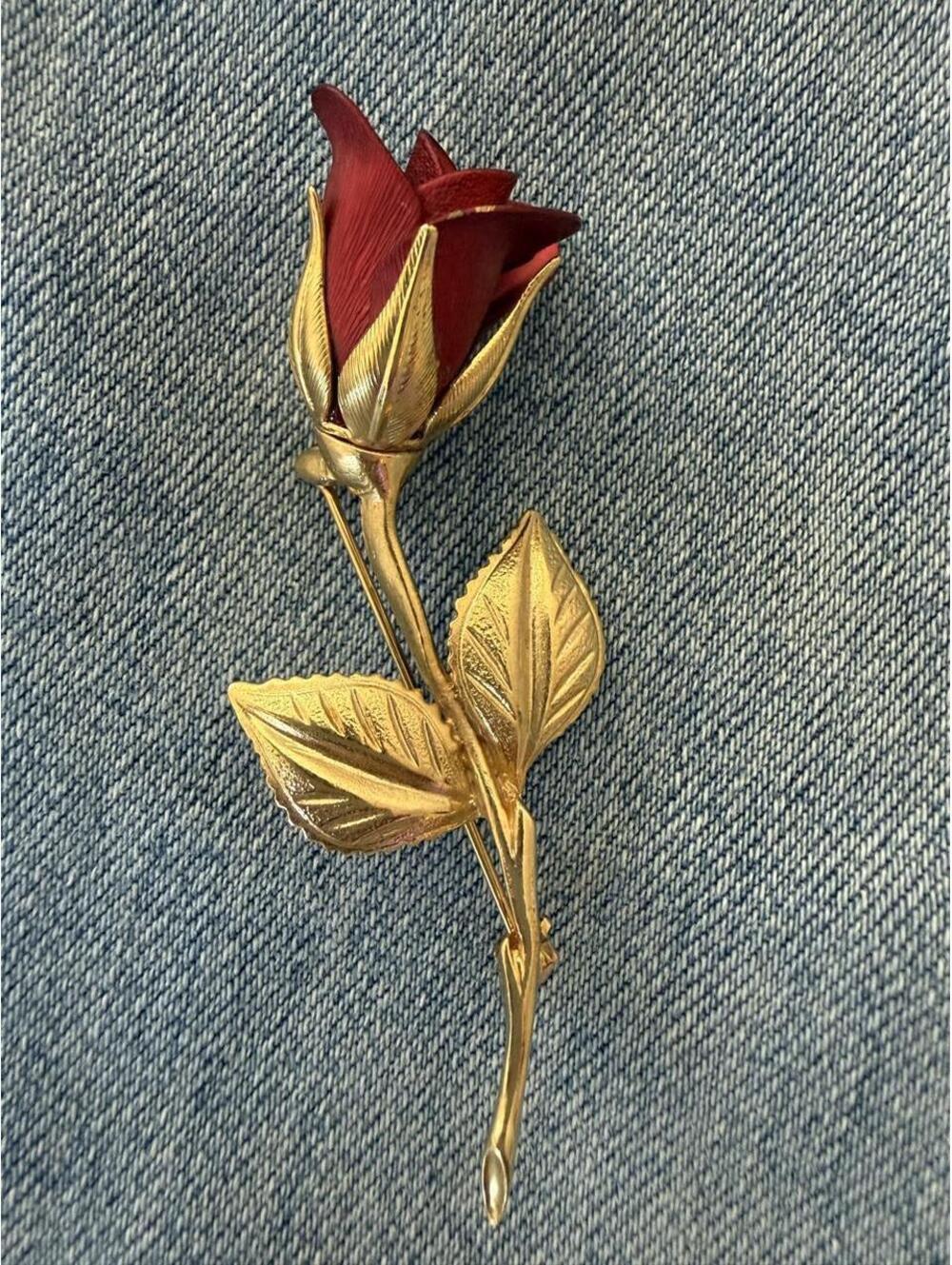 Vintage Signed Coro Red Rose Brooch Dimensional Flower
